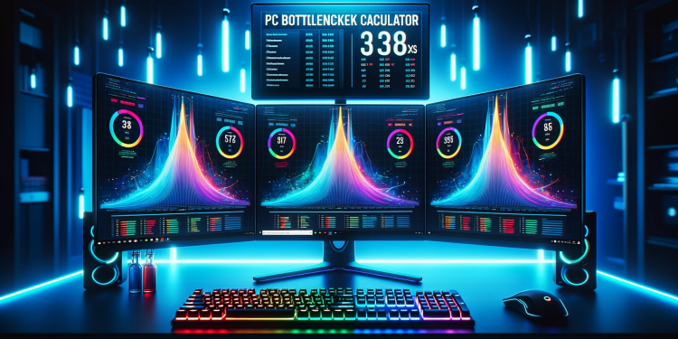 Photo of a sleek computer workstation with multiple monitors displaying colorful graphs representing PC performance metrics. Overlaid on the main moni