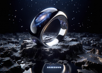 8K photo-realistic image of the 'Samsung Galaxy Ring' placed on a reflective obsidian surface. The environment captures the ring's luminosity and intr