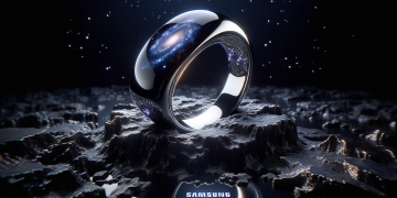 8K photo-realistic image of the 'Samsung Galaxy Ring' placed on a reflective obsidian surface. The environment captures the ring's luminosity and intr