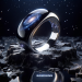 8K photo-realistic image of the 'Samsung Galaxy Ring' placed on a reflective obsidian surface. The environment captures the ring's luminosity and intr