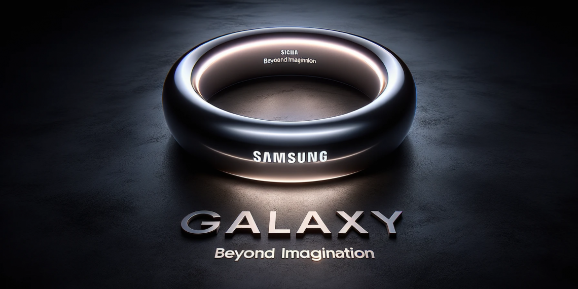 8K photo-realistic visualization of the 'Samsung Galaxy Ring', captured with the nuances of the 'Sigma 24mm f_8' lens. The ring stands out on a dark g