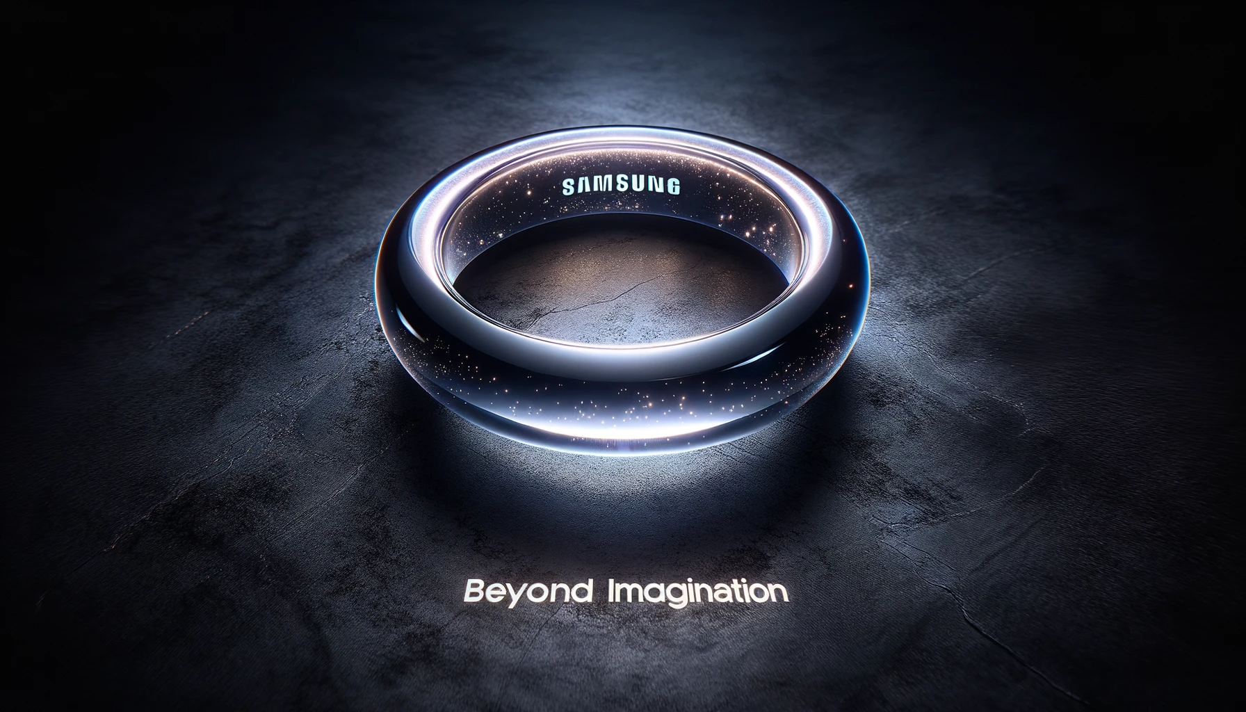 8K photo-realistic image of the 'Samsung Galaxy Ring' captured using the 'Sigma 24mm f_8' lens. The ring sits on a graphite textured surface
