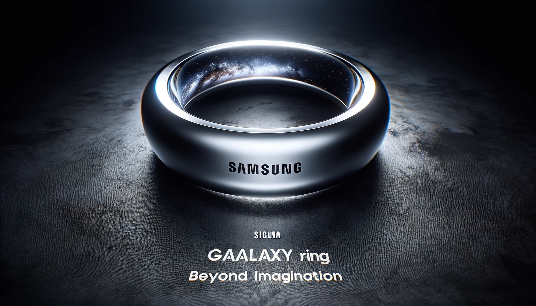 8K photo-realistic portrayal of the 'Samsung Galaxy Ring', as seen through the 'Sigma 24mm f_8' lens. The ring is showcased on a graphite canvas, refl